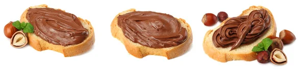 Rebanada de pan con crema de chocolate con avellana aislada sobre fondo blanco. colección crema de chocolate — Foto de Stock