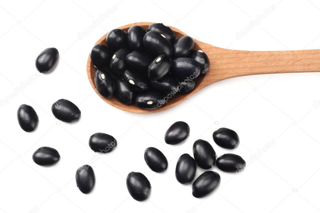 black kidney beans in wooden spoon isolated on white background. top view 