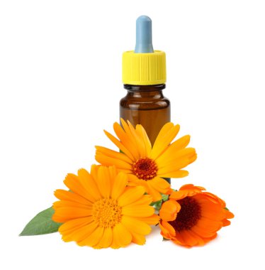 Beyaz arka planda karanfilli çiçekli kadife yağı şişesi. Calendula çiçeği. 