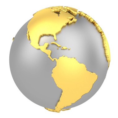 Altın kıtaları beyaz arka plan üzerinde izole dünya küresi. Dünya Haritası. 3d render illüstrasyon.  