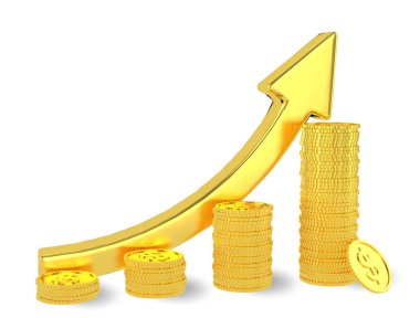 Altın ok yukarı ve beyaz arka plan üzerinde izole altın dolar sikke bar grafik diyagramı. 3d render. Finansal başarı kavramı. 