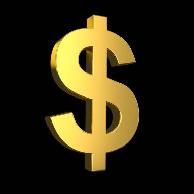 Usd işareti. Siyah arka plan üzerinde 3d altın dolar sembolü. 3d render 