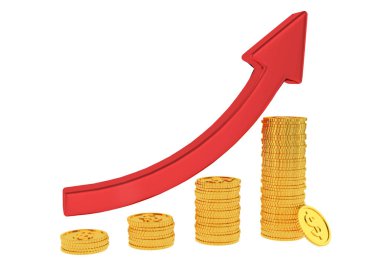Kırmızı ok yukarı ve beyaz arka plan üzerinde izole altın dolar sikke bar grafik diyagramı. 3d render. Finansal başarı kavramı. 