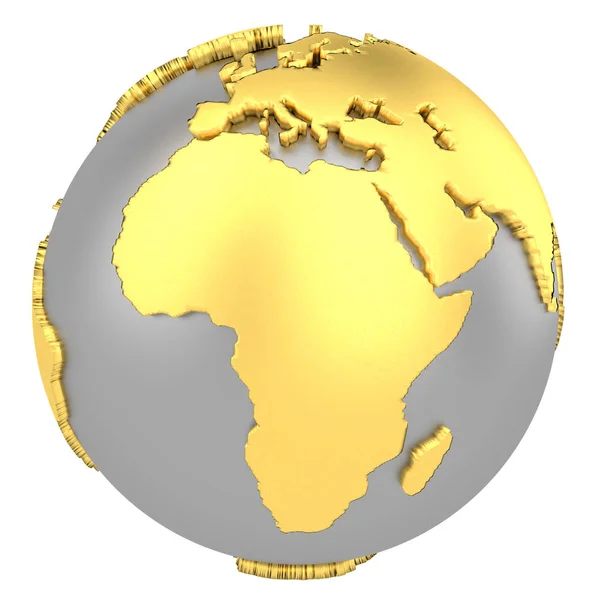 Globo terrestre con continentes dorados aislados sobre fondo blanco. Mapa del mundo. Ilustración de representación 3D . — Foto de Stock
