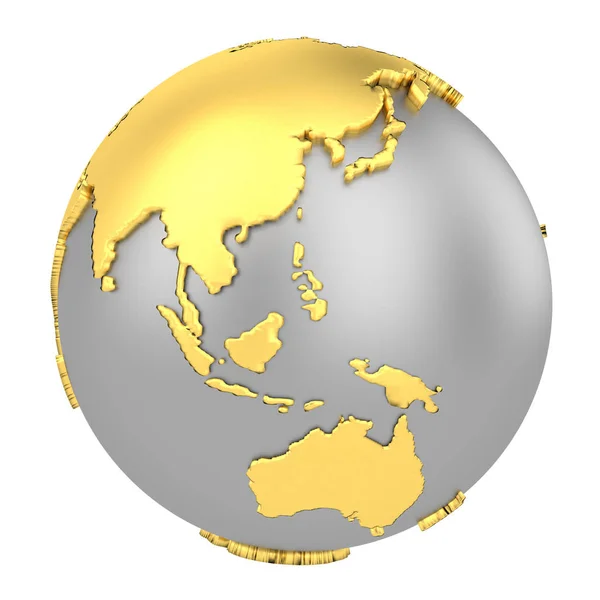 白い背景に隔離された黄金の大陸を持つ地球の地球。世界地図3D レンダリングイラストレーション. — ストック写真
