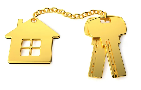 金房子的钥匙与黄金饰品房子隔离在白色背景。新的家庭概念。房地产。3d 渲染 — 图库照片