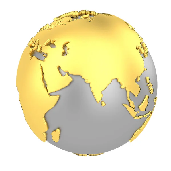 Earth Globe met gouden continenten geïsoleerd op witte achtergrond. Wereld kaart. illustratie 3D-rendering. — Stockfoto