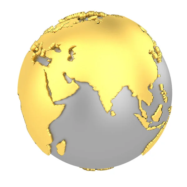 Earth globe with golden continents isolated on white background. World Map. 3D rendering illustration. — Stock Photo, Image