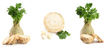 kereviz koleksiyonu. beyaz arka plan üzerinde izole yaprak ile kereviz kökü. Kereviz beyaz üzerine izole. Sağlıklı 