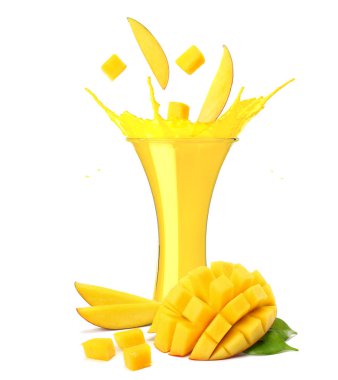 beyaz arka plan üzerinde izole mango suyu sıçrama. mango dilim ile cam mango suyu 