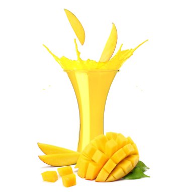 beyaz arka plan üzerinde izole mango suyu sıçrama. mango dilim ile cam mango suyu 