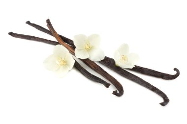 Beyaz çiçekli Beyaz arka plan üzerinde izole vanilya çubukları 