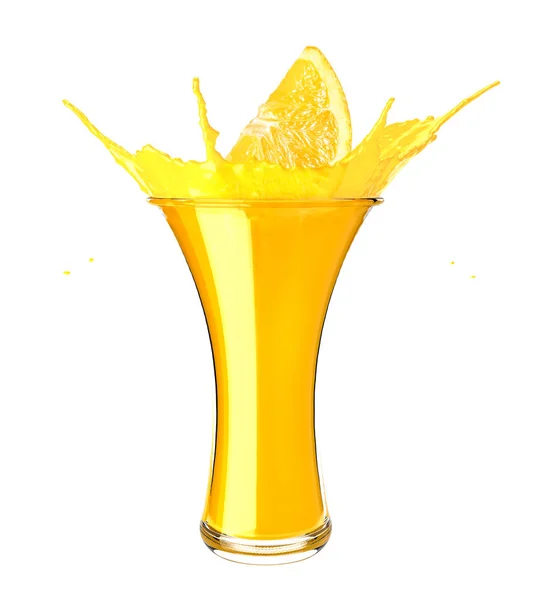 オレンジジューススプラッシュは、白い背景に分離しました。オレンジスライス入りグラスのオレンジジュース — ストック写真