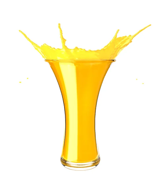 オレンジジューススプラッシュは、白い背景に分離しました。オレンジスライス入りグラスのオレンジジュース — ストック写真