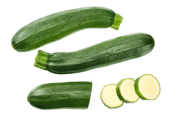 Fresh green zucchini with slice isolated on white background. top view — Zdjęcie stockowe