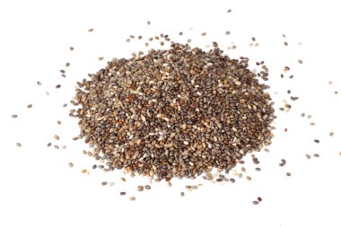 Beyaz arka planda izole Chia tohumları. Üst görünüm. 