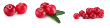 Kızılcık koleksiyonu. Beyaz arka plan üzerinde izole yaprakları ile Cranberries. 