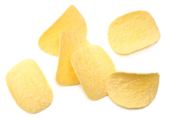 흰색 배경에 분리 된 감자 칩의 그룹. 맨 위 보기 — 스톡 사진