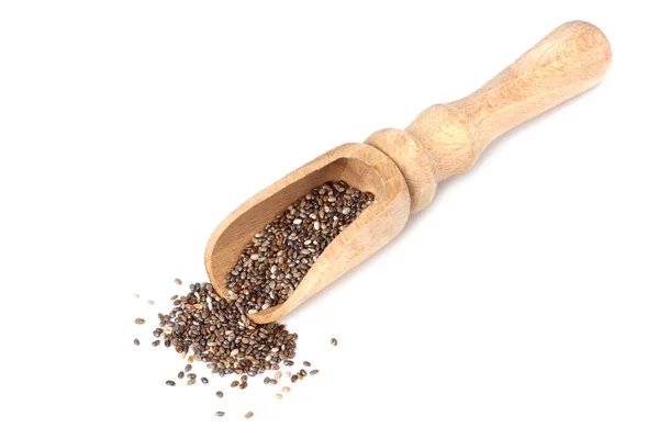 Chia seeds in wooden spoon isolated on white background. — Stock Photo, Image