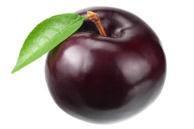 beyaz arka plan üzerinde izole yeşil yapraklı bir erik meyve. 