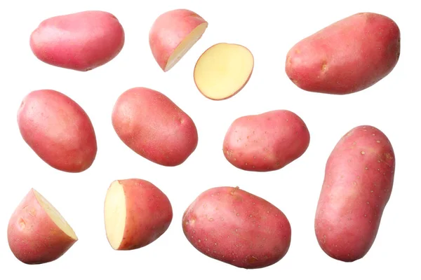 Rohe rote Kartoffel mit Scheiben isoliert auf weißem Hintergrund. Ansicht von oben — Stockfoto