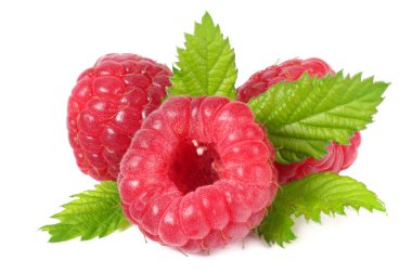 Olgun ahududu ve yeşil yapraklı beyaz arka plan makrosu. 