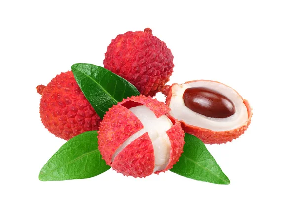 Färsk litchi med blad isolerade på vit bakgrund. — Stockfoto