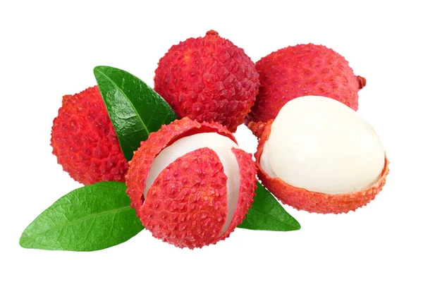 Färsk litchi med blad isolerade på vit bakgrund. — Stockfoto