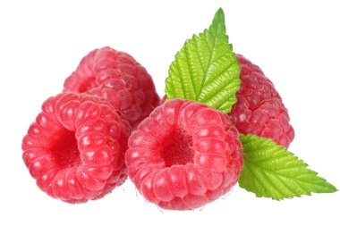 Olgun ahududu izole beyaz zemin üzerine yeşil yaprak ile 