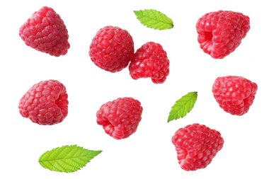 Olgun Ahududu yeşil yaprak beyaz arka plan üzerinde izole ile. üstten görünüm 