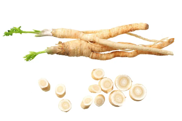 Fresh parsley root isolated on white background. top view — Stock Photo, Image