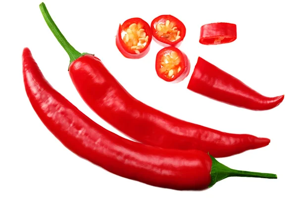 Skivad Röd Varm Chili Paprika Isolerad Vit Bakgrund Ovanifrån — Stockfoto