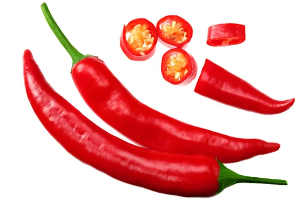 Gesneden Rode Hete Chili Pepers Geïsoleerd Witte Achtergrond Bovenaanzicht — Stockfoto