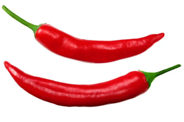 Dvě Červené Horké Chilli Papričky Izolované Bílém Pozadí Horní Pohled — Stock fotografie