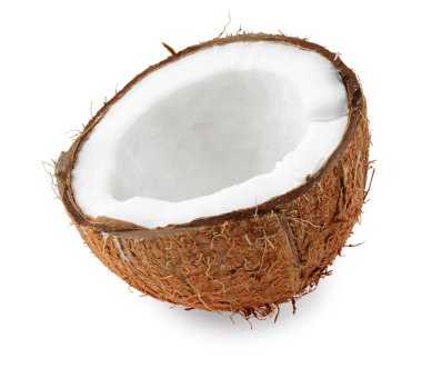 Beyaz arka planda yarım hindistan cevizi izole edilmiş. Sağlıklı yemek.