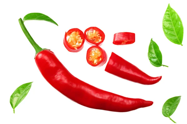 Gesneden Rode Hete Chili Pepers Geïsoleerd Witte Achtergrond Bovenaanzicht — Stockfoto