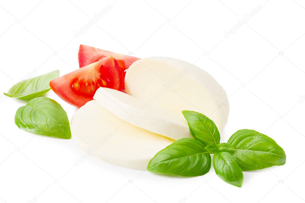 Mozzarella cheese with tomato and basil isolated on white background
