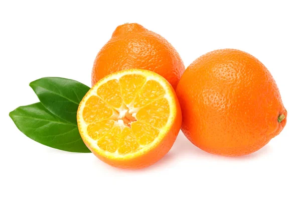 Orange Clementine Minneola Tangelo Slices Green Leaves Isolated White Background — Stock Photo, Image