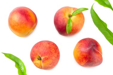 yeşil yapraklı şeftali meyveleri ve beyaz arka planda izole edilmiş dilimler. en üstteki görünüm