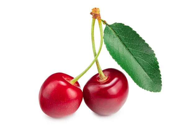 Fruta Cereza Roja Con Hoja Verde Aislada Sobre Fondo Blanco — Foto de Stock