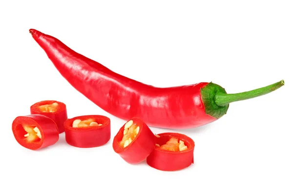 Piros Csípős Chili Paprika Szeletek Elszigetelt Fehér Alapon Teljes Mélységélesség — Stock Fotó