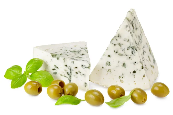 Blue Cheese Olives Basil Leaves Isolated White Background Full Depth — Stock Photo, Image
