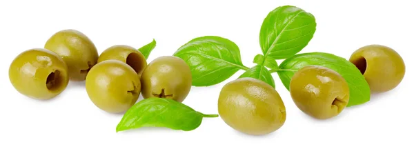 Aceitunas Marinado Verde Con Hojas Albahaca Aisladas Sobre Fondo Blanco —  Fotos de Stock