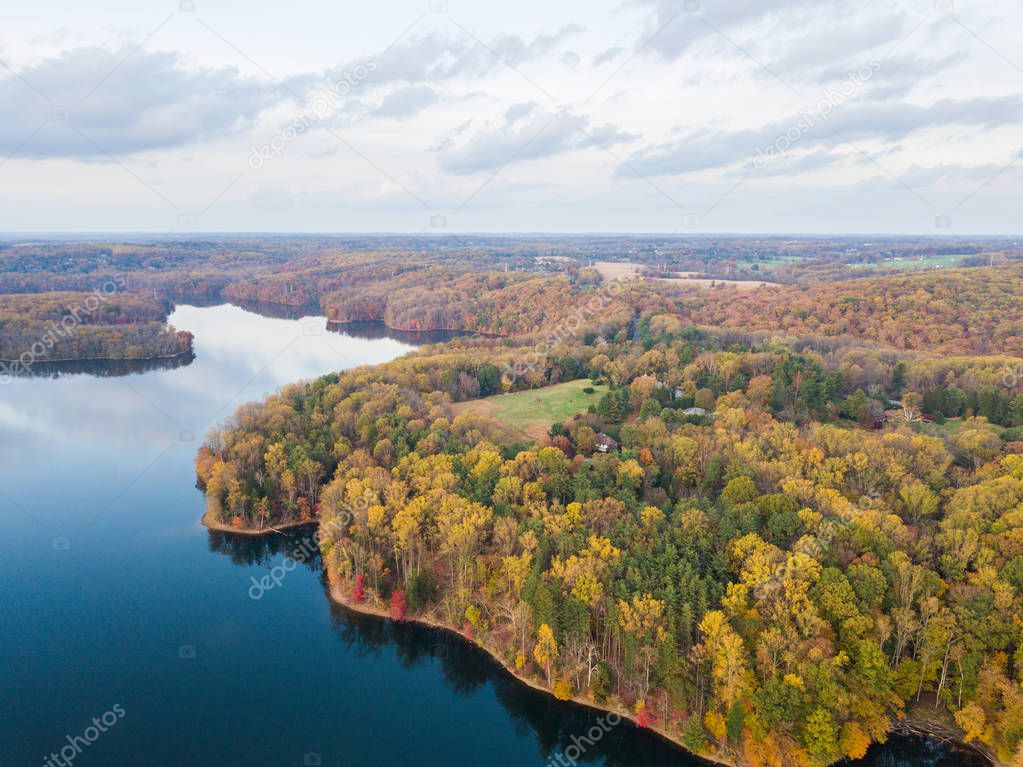 Aerial of Loch Raven Reservoir in Baltimore County, Maryland during Fall...