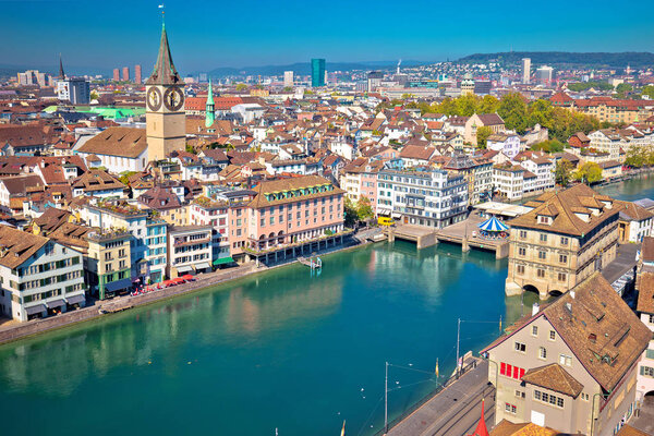 Zurich and Limmat river waterfront aerial view, largest city in Switzerland