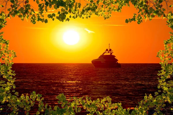 Luxejacht Open Zee Gouden Zonsondergang Bladeren Frame Zadar Dalmatië Kroatië — Stockfoto