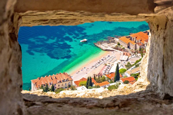 Het Strand Banje Dubrovnik Luchtfoto Door Stenen Raam Dalmatië Regio — Stockfoto