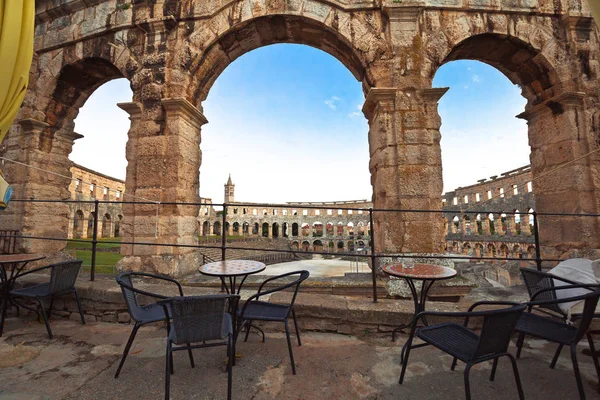 Arena Pula Historique Amphithéâtre Romain Arches Vue Détaillée Istrie Région — Photo