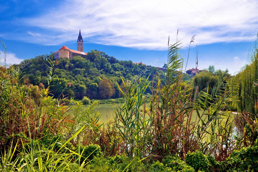Town of Ilok church on the hill above lake, Slavonija region of Croatia
