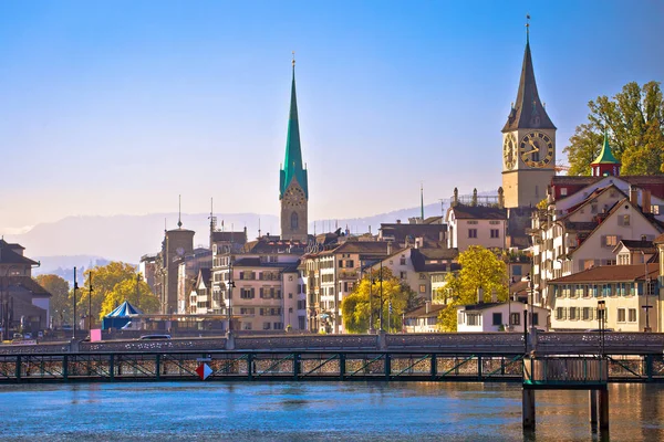 Zürich Idyllische Uferpromenade Und Turmblick Grösste Stadt Der Schweiz — Stockfoto